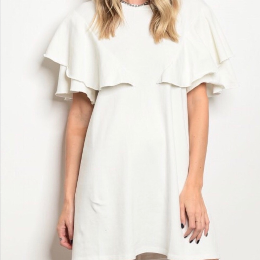 Ivory T shirt Dress With Short Layered Sleeves